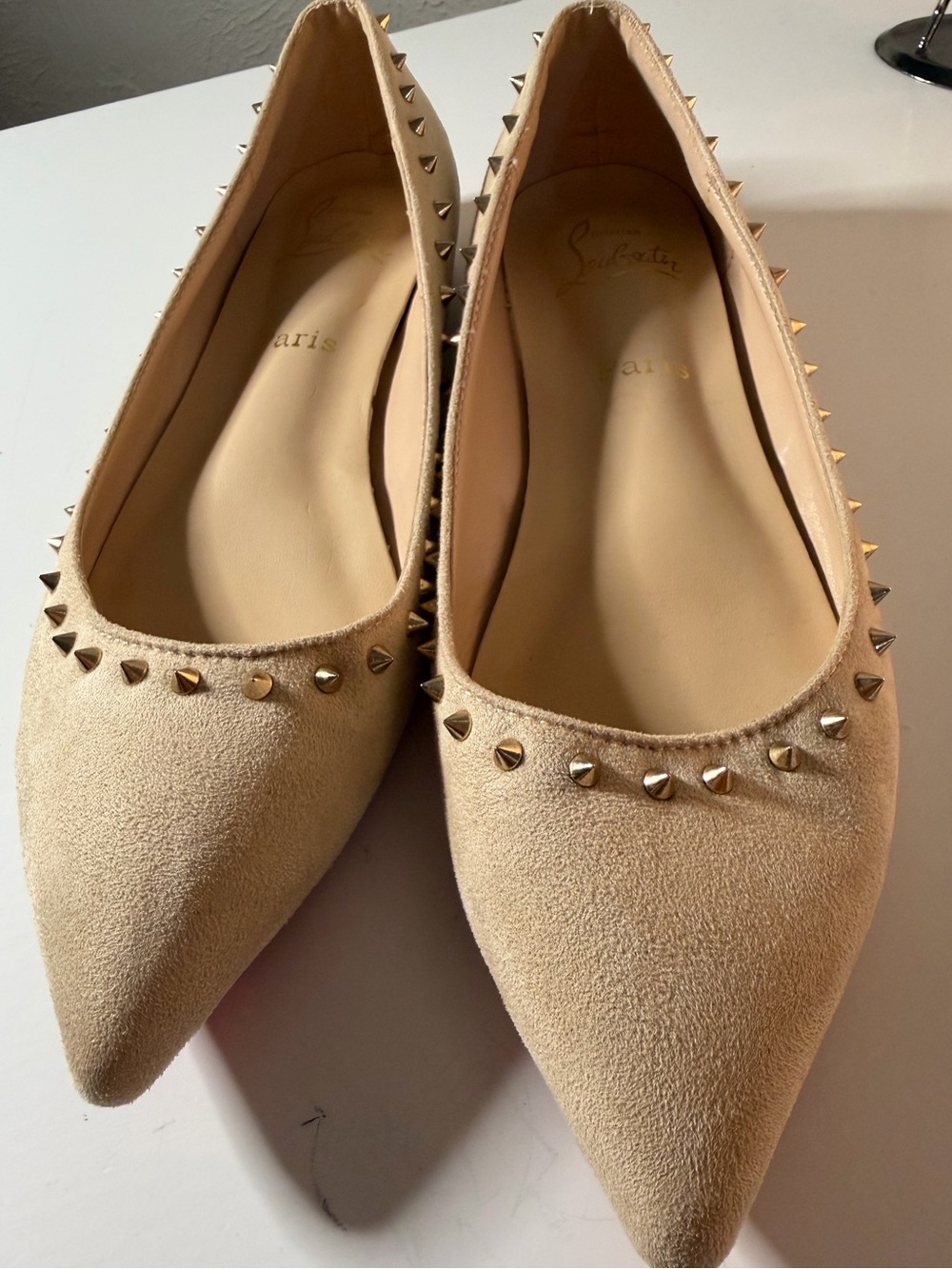 Christian Louboutin Beige Nude Suede Pointed-Toe Studded Flats